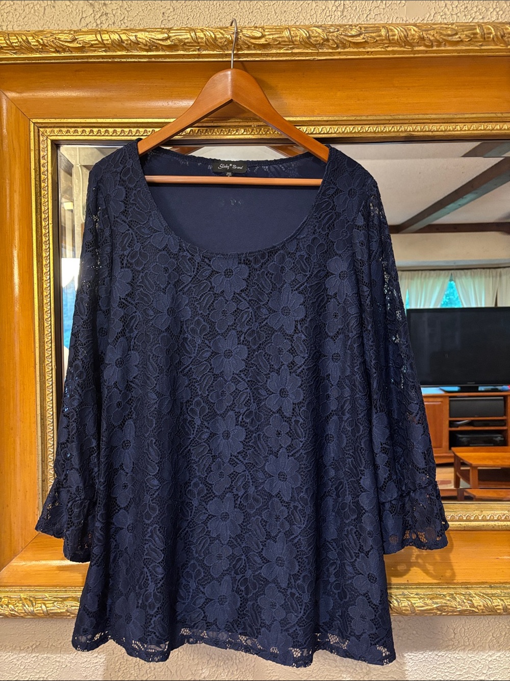 Slinky Brand Navy Floral Lace Top - Size 1X